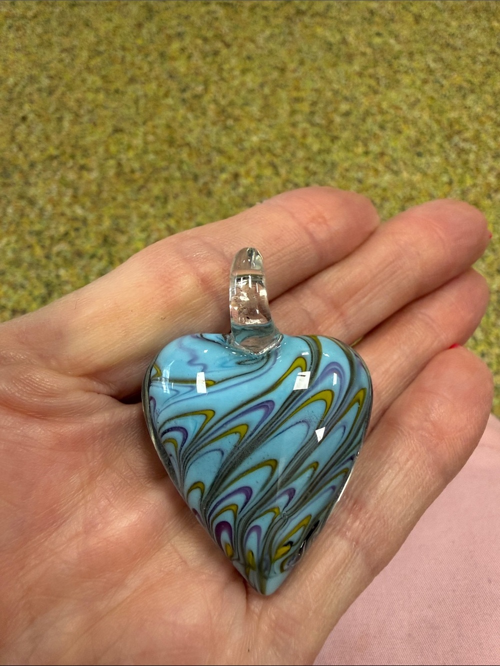 New Art Glass Heart Pendant in Light Blue with Multicolor Swirls 2โ
